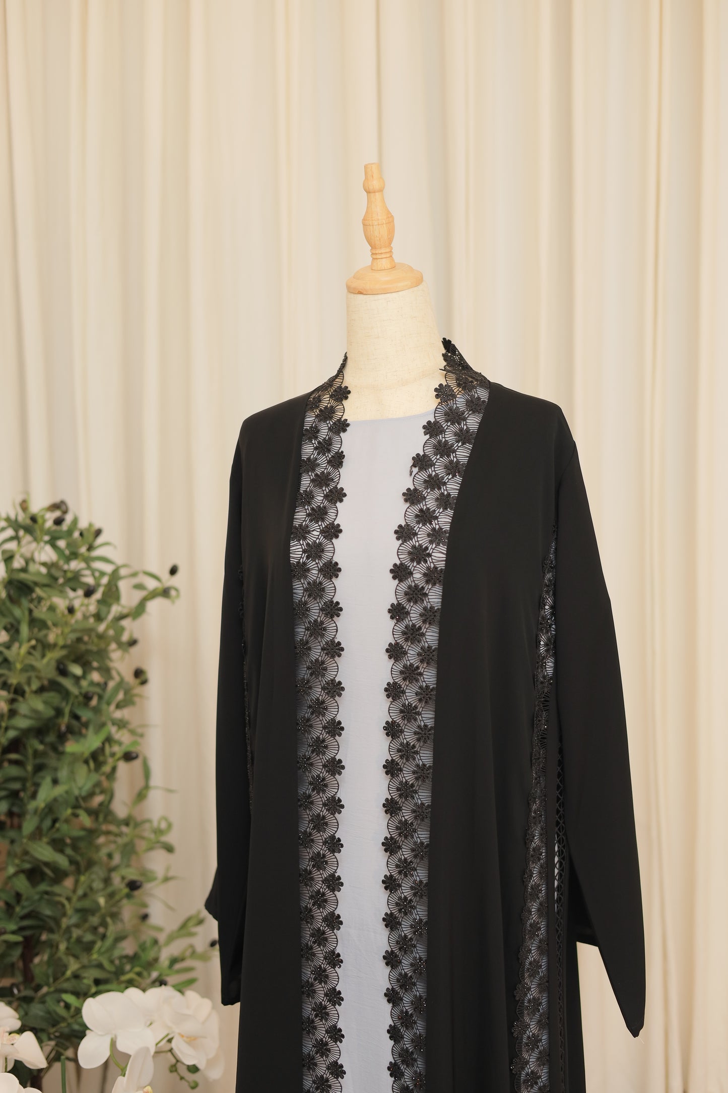 Elegant Black Open Abaya with Handcrafted Bead & Lace Detailing
