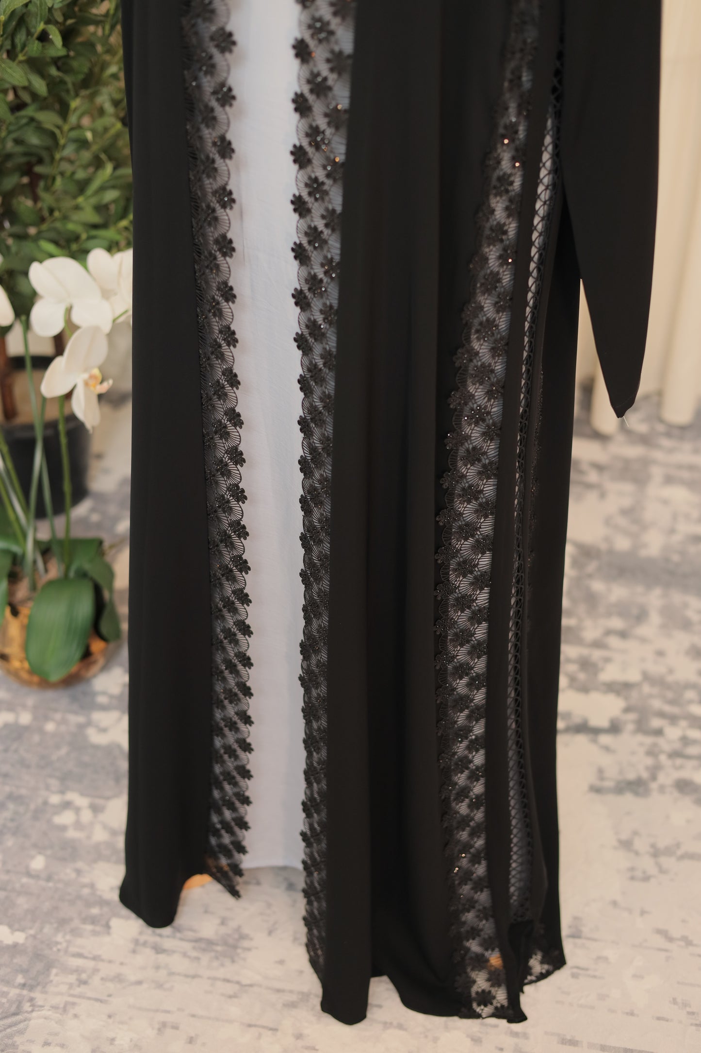 Elegant Black Open Abaya with Handcrafted Bead & Lace Detailing