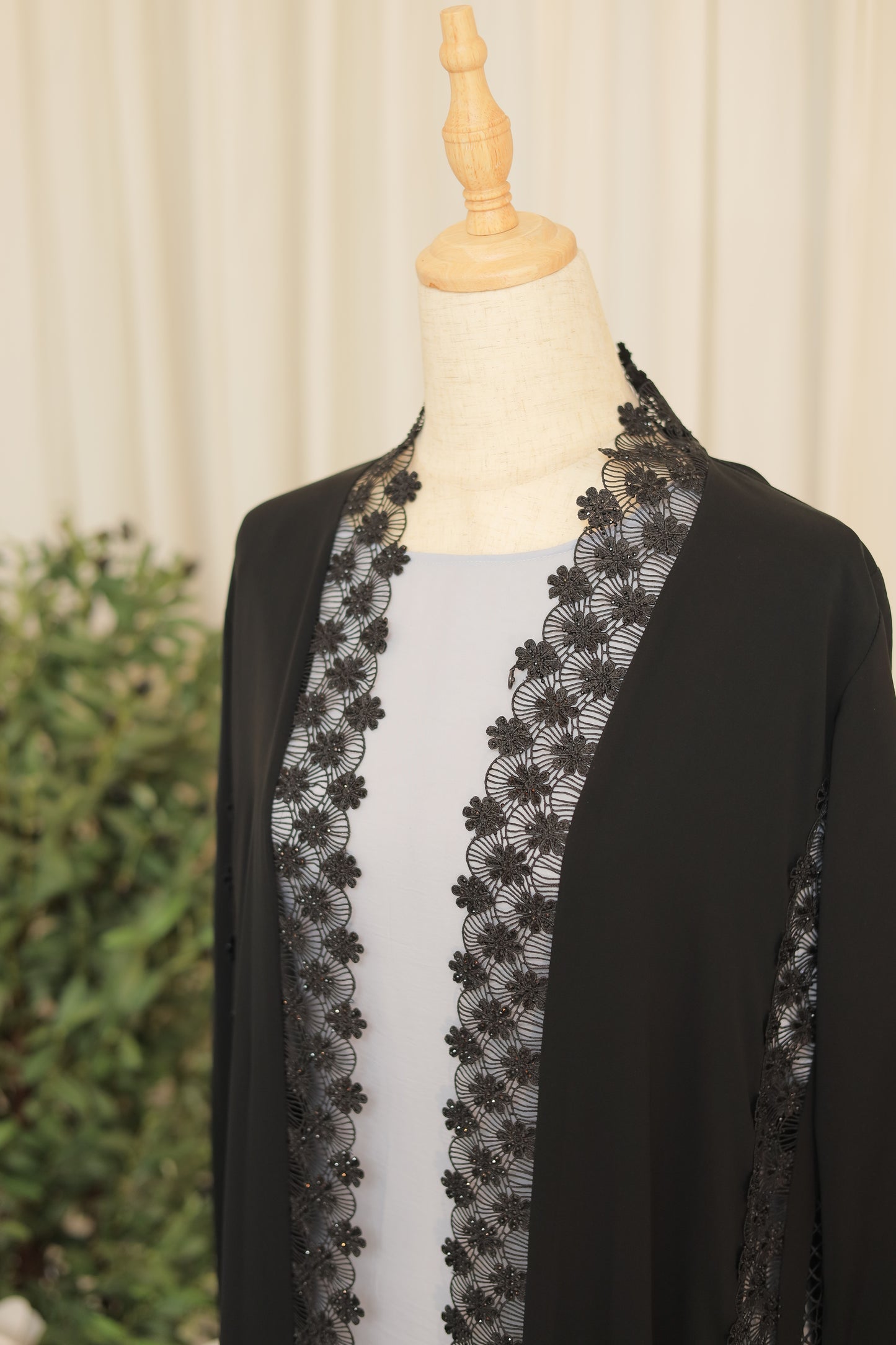 Elegant Black Open Abaya with Handcrafted Bead & Lace Detailing