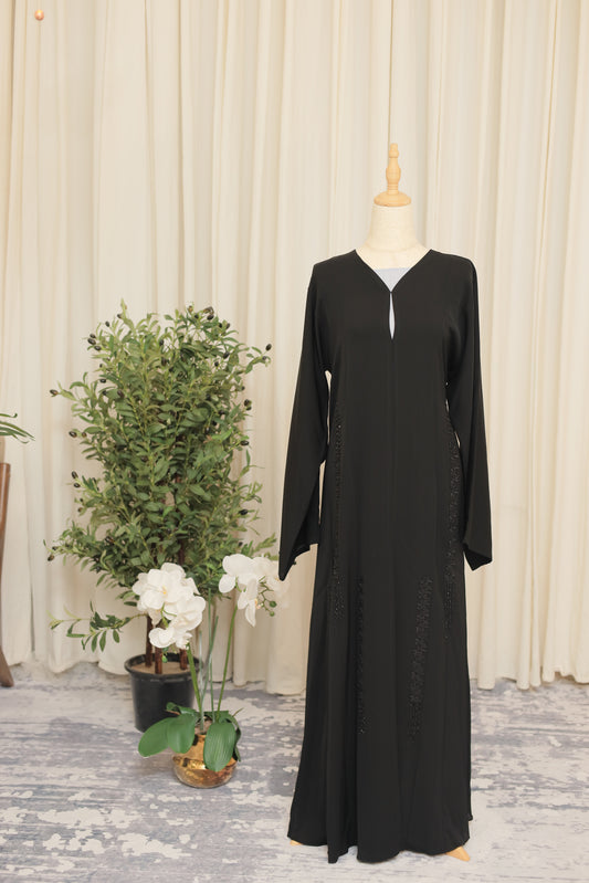 Elegant Black Open Abaya with Hand-Beaded Detailing