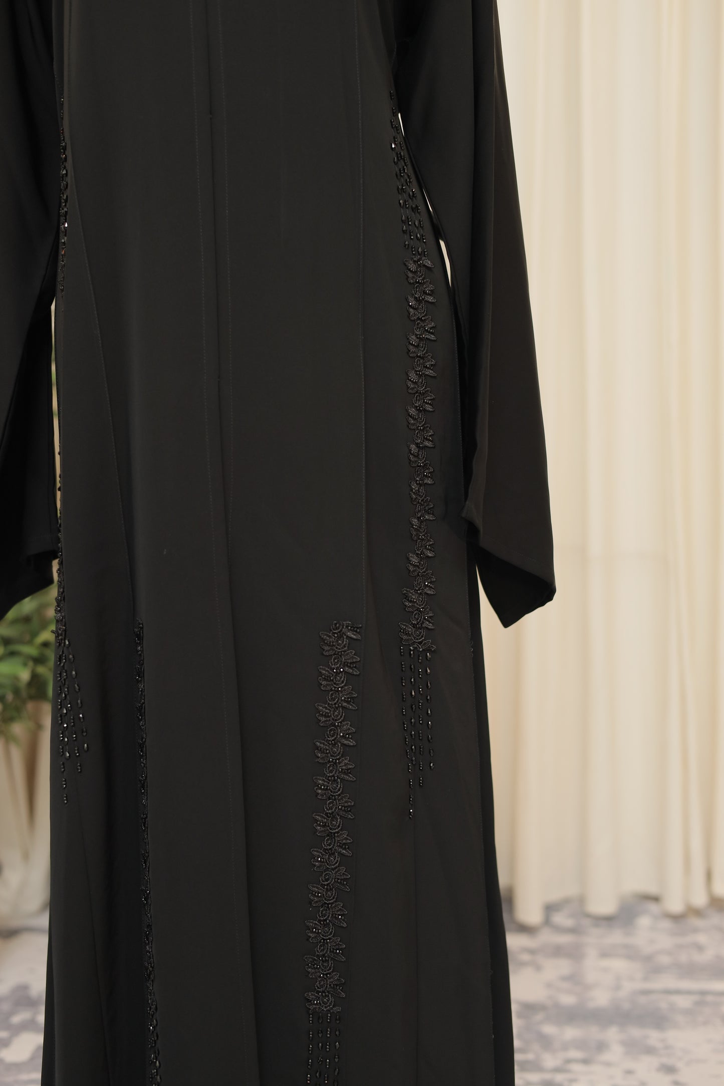 Elegant Black Open Abaya with Hand-Beaded Detailing