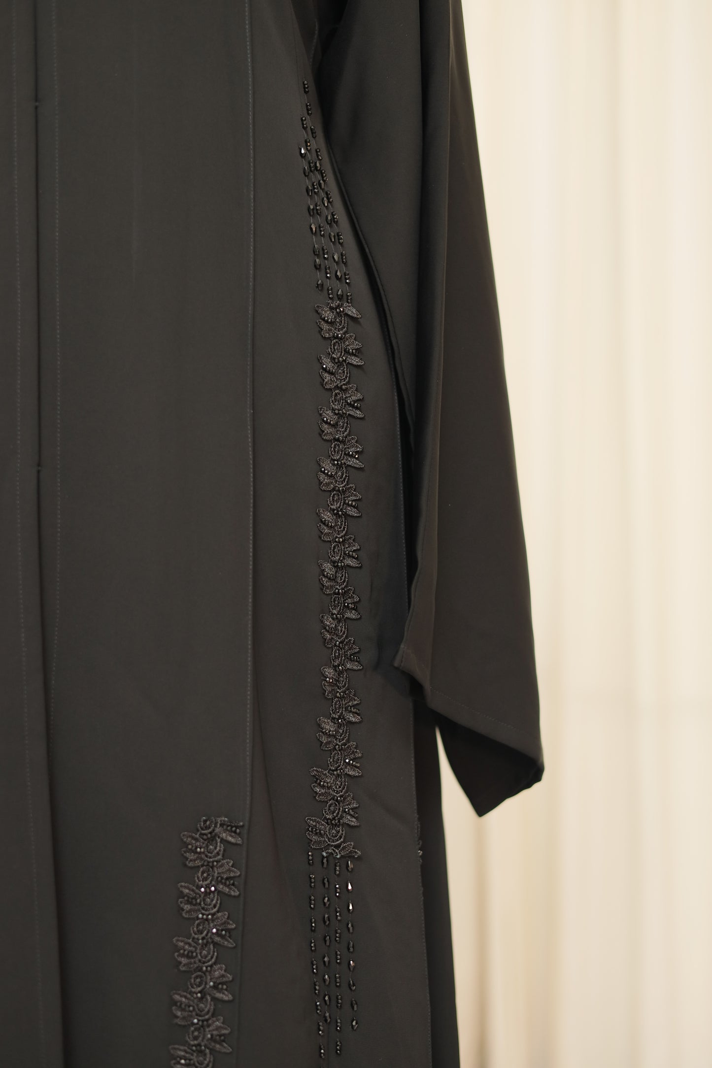 Elegant Black Open Abaya with Hand-Beaded Detailing