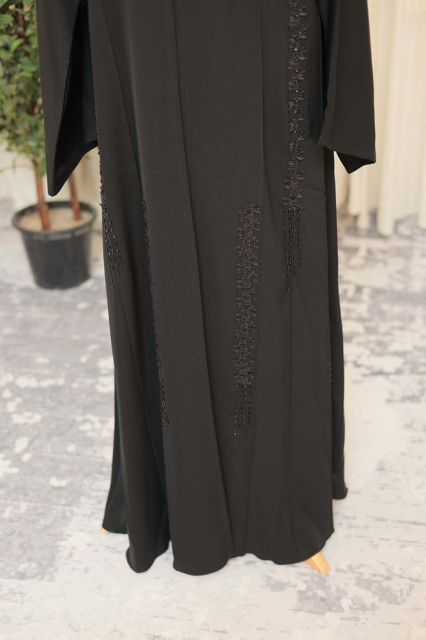 Elegant Black Open Abaya with Hand-Beaded Detailing