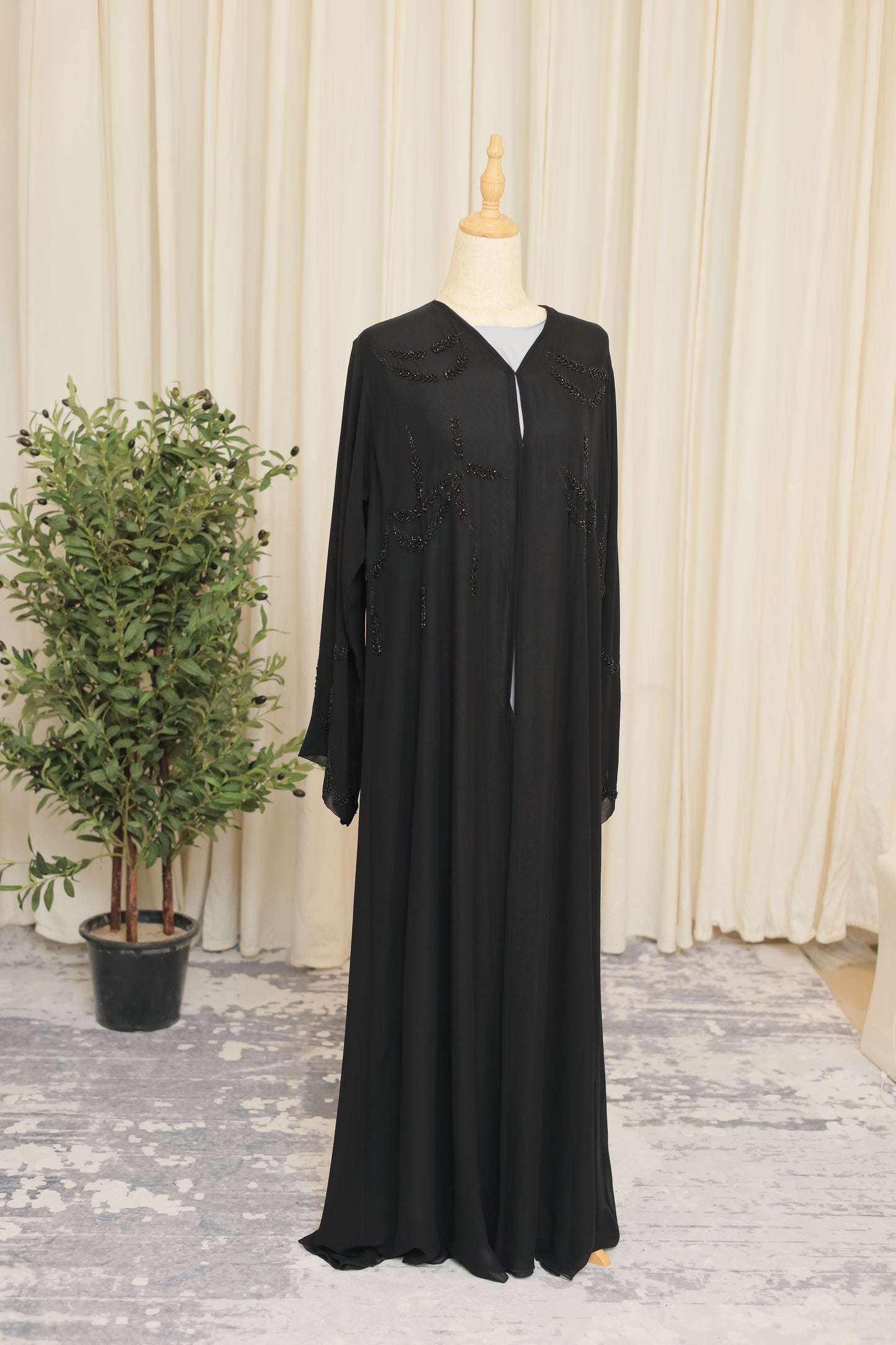 Luxury Black Abaya with Hand-Beaded Motif Detailing