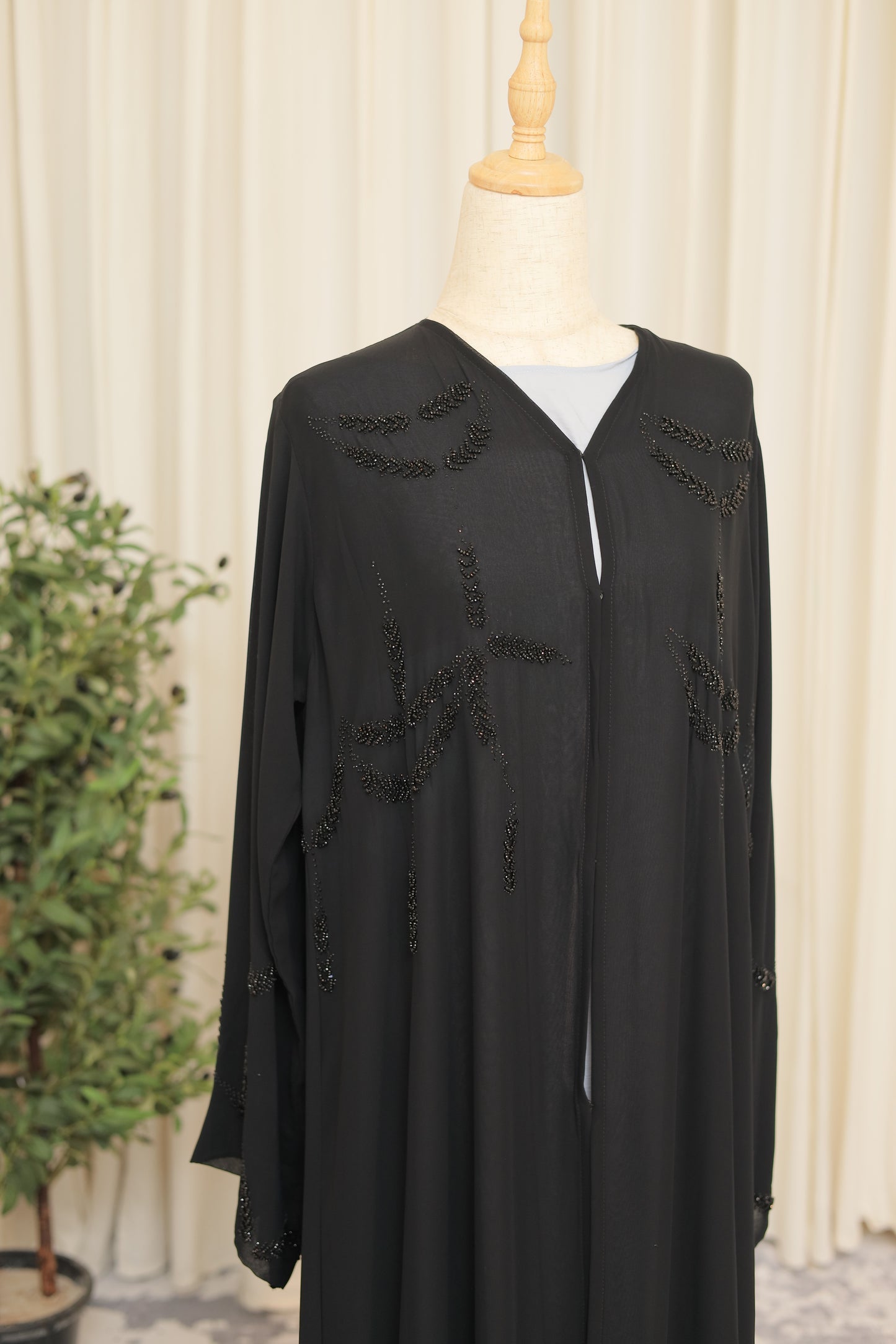 Luxury Black Abaya with Hand-Beaded Motif Detailing