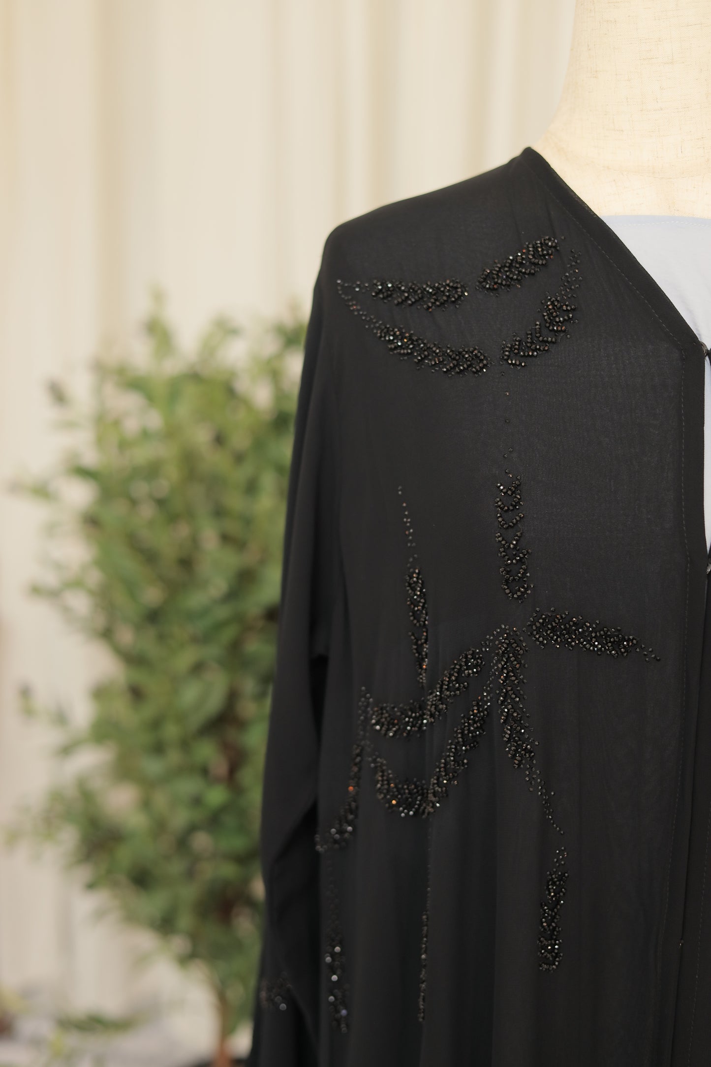 Luxury Black Abaya with Hand-Beaded Motif Detailing
