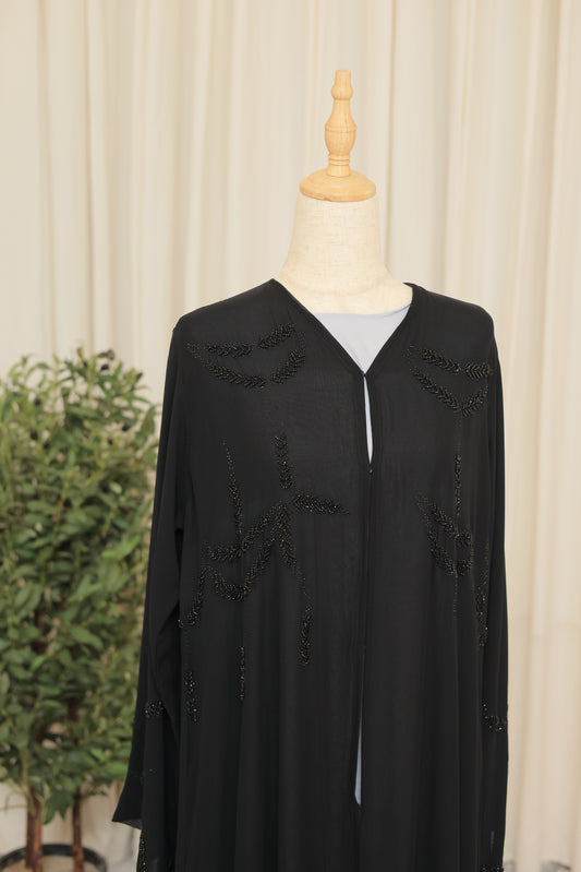 Luxury Black Abaya with Hand-Beaded Motif Detailing