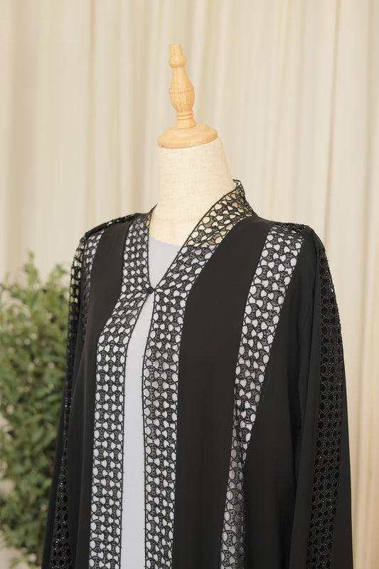 Luxury Black Lace Panel Abaya – Open Front Elegant Design