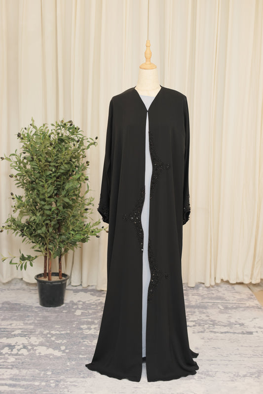 Luxury Black Open Abaya with Asymmetrical Hand-Beaded Detail