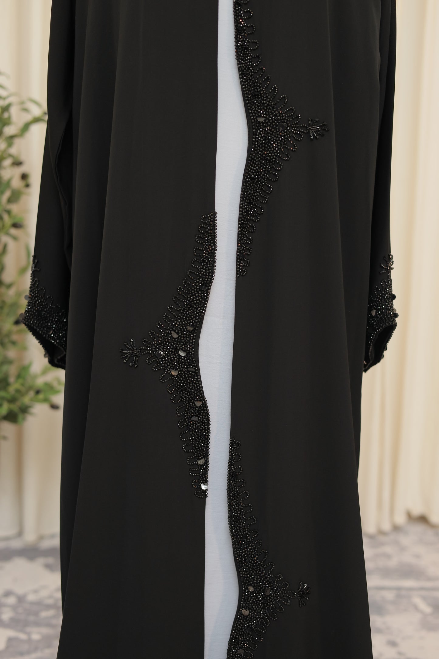 Luxury Black Open Abaya with Asymmetrical Hand-Beaded Detail