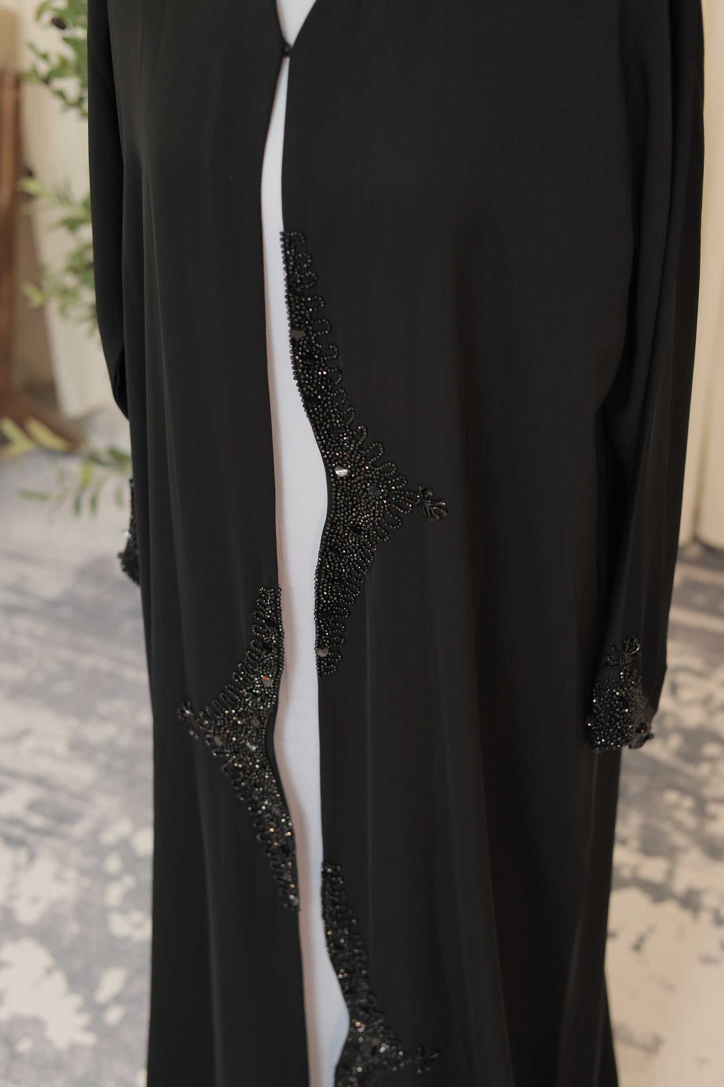Luxury Black Open Abaya with Asymmetrical Hand-Beaded Detail