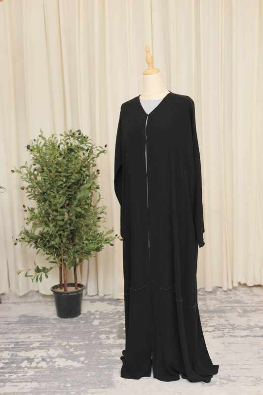 Black Open-Front Abaya with Handcrafted Dragonfly Embellishments
