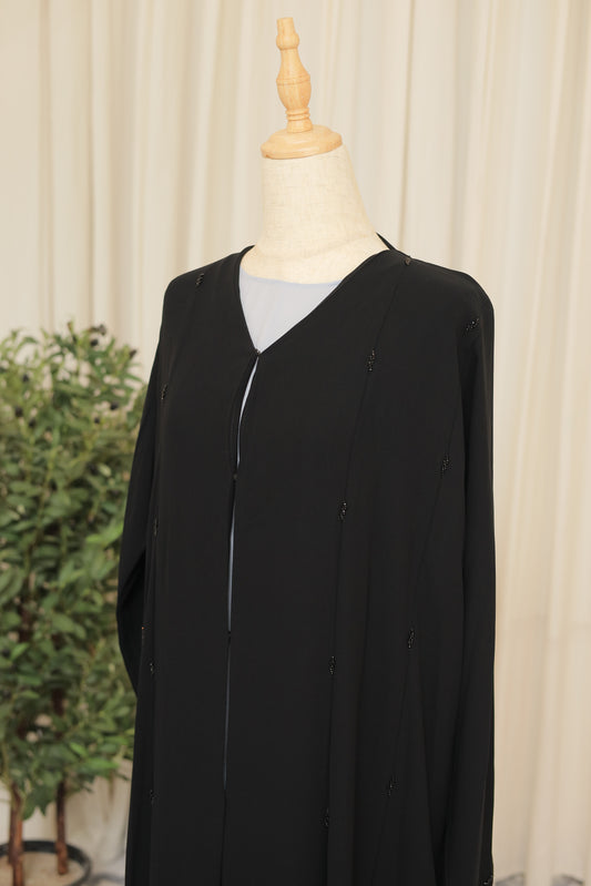 Black Open-Front Abaya with Handcrafted Dragonfly Embellishments