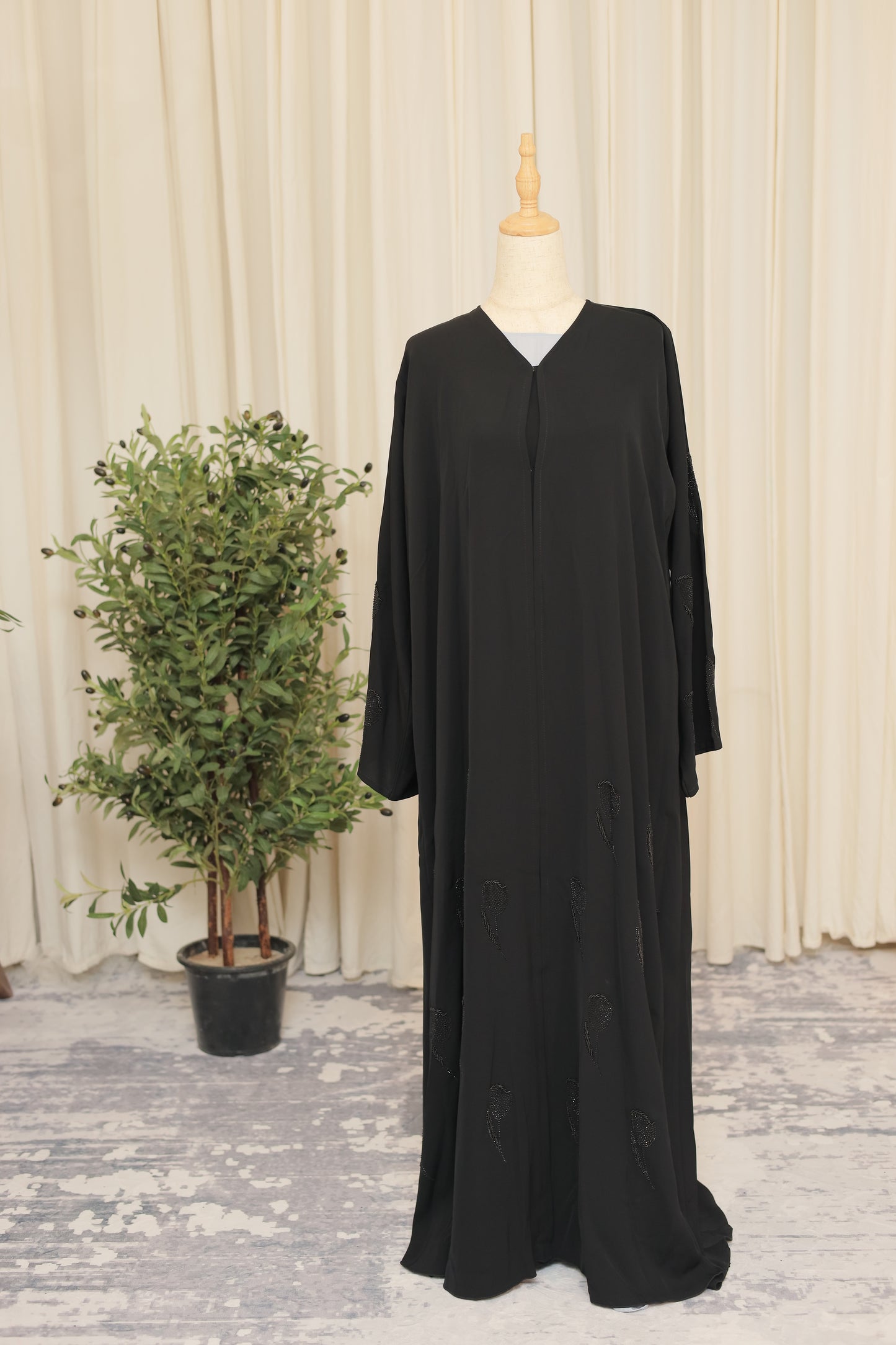 Luxury Black Abaya with Hand-Beaded Motif Accents