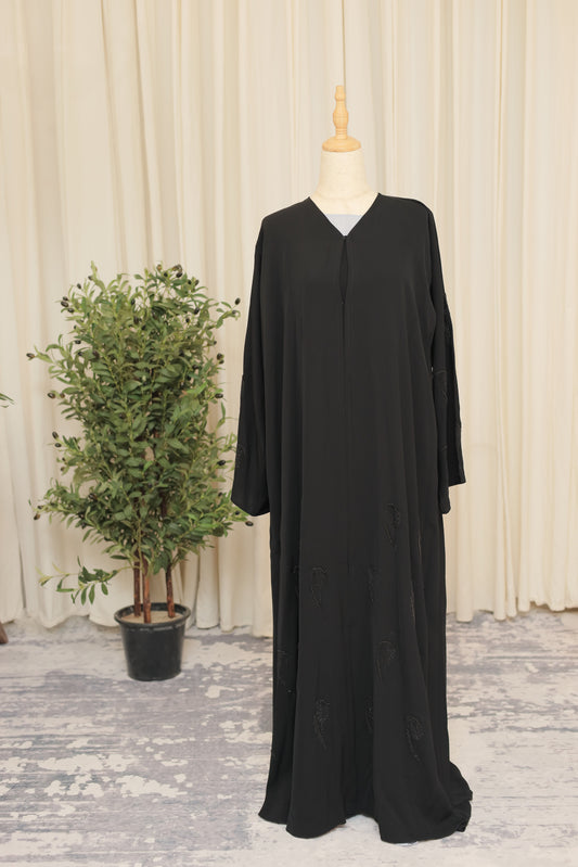 Luxury Black Abaya with Hand-Beaded Motif Accents