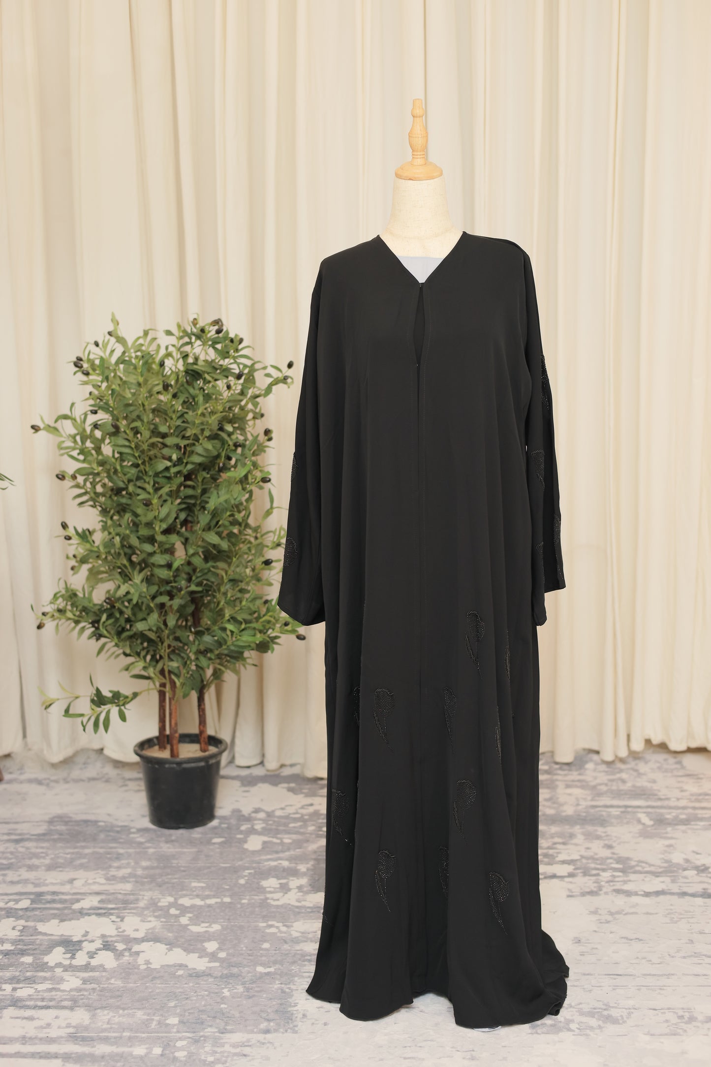 Luxury Black Abaya with Hand-Beaded Motif Accents