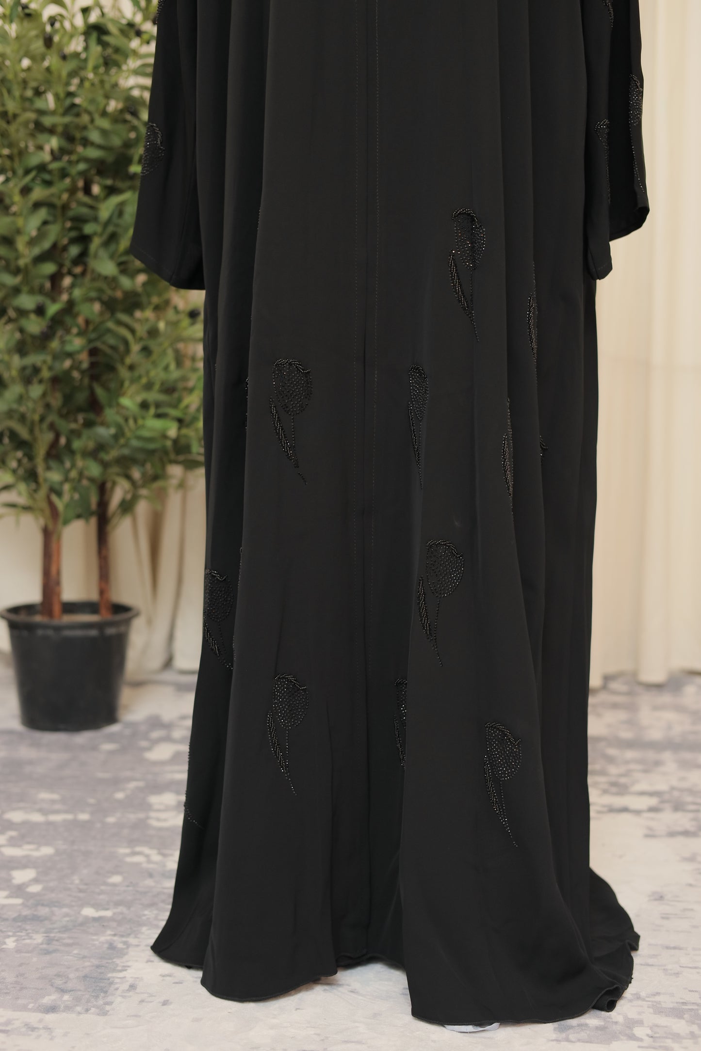 Luxury Black Abaya with Hand-Beaded Motif Accents