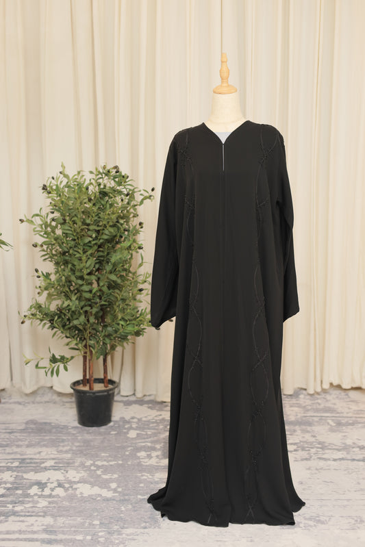 Black Beaded Minimalist Abaya with Vertical Embroidery