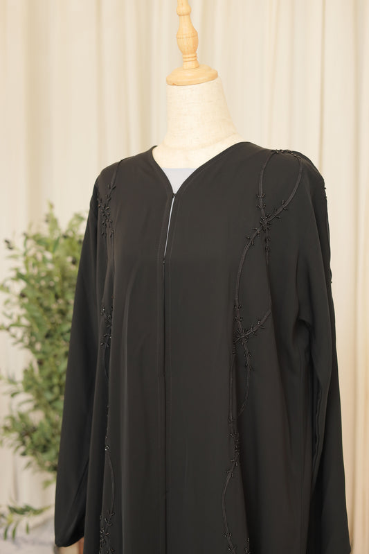 Black Beaded Minimalist Abaya with Vertical Embroidery