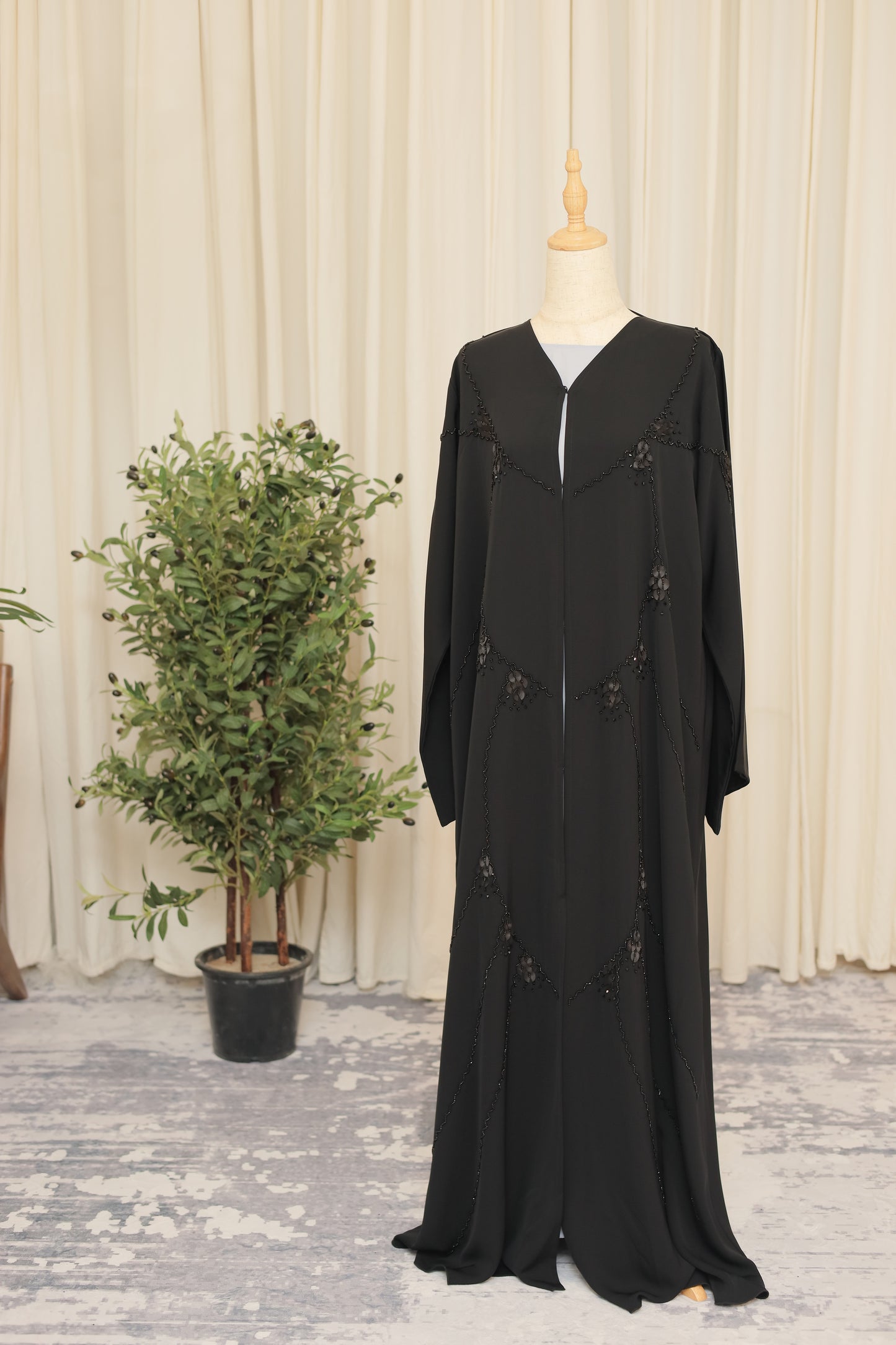 Noir Elegance Hand-Embellished Black Open Abaya