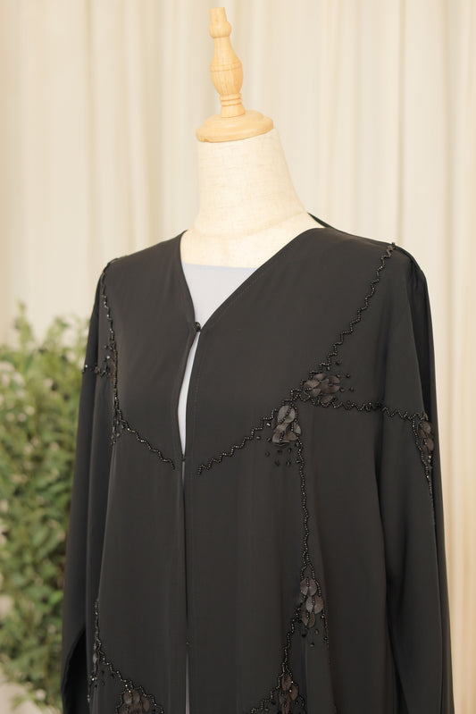 Noir Elegance Hand-Embellished Black Open Abaya