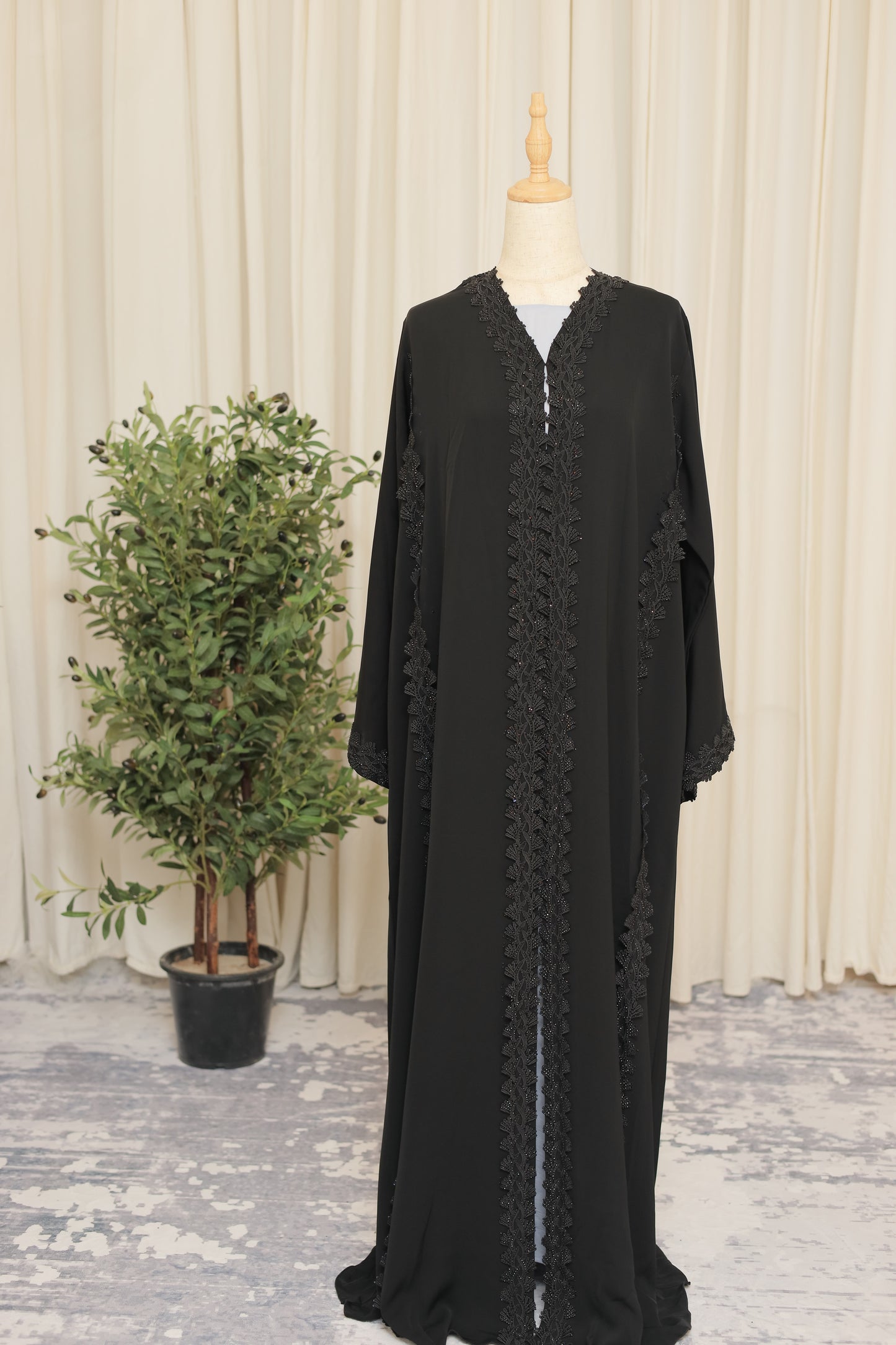 Luxury Black Open Abaya with Heavily Embroidered Lace Panels