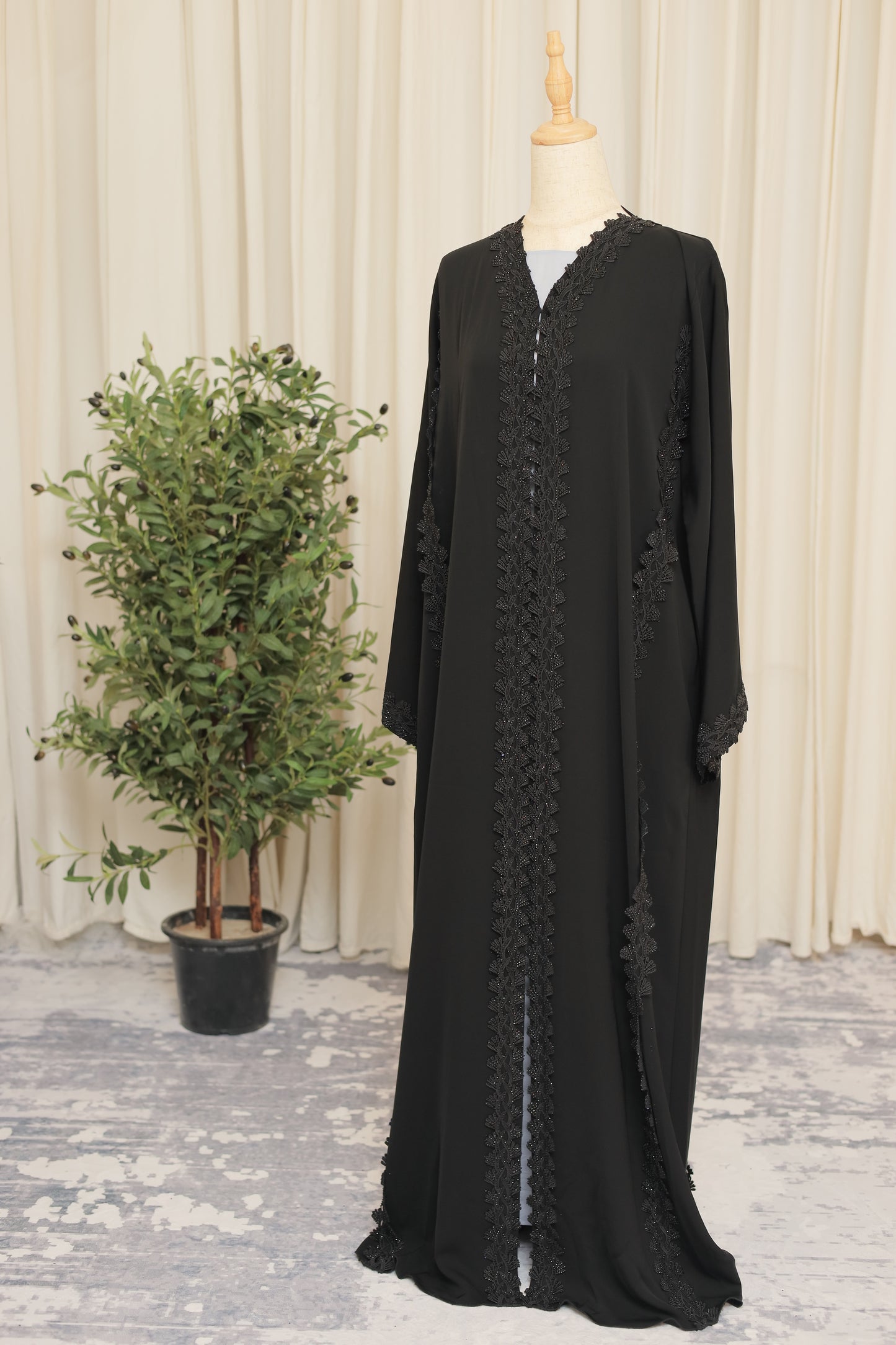 Luxury Black Open Abaya with Heavily Embroidered Lace Panels