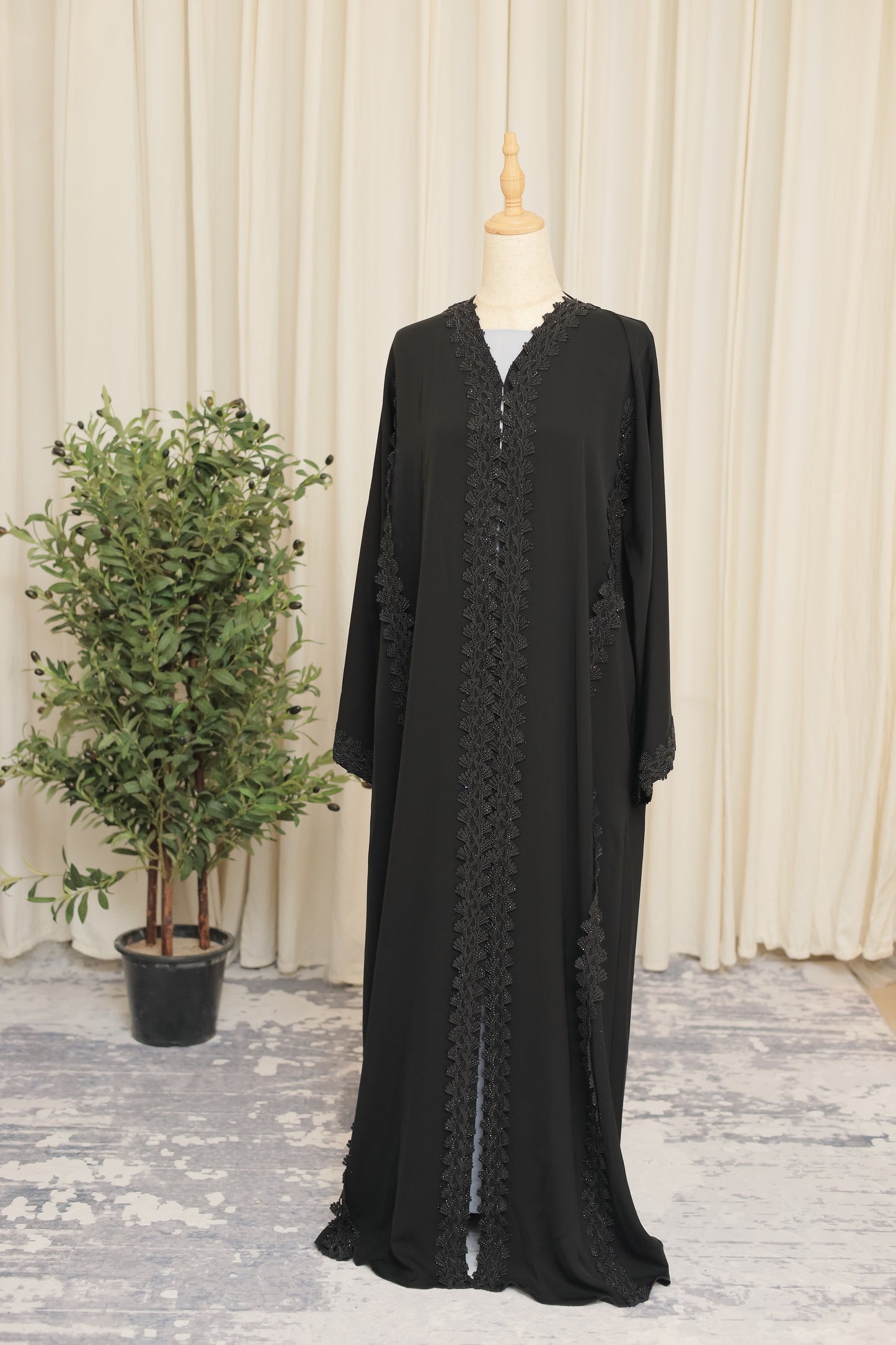 Luxury Black Open Abaya with Heavily Embroidered Lace Panels