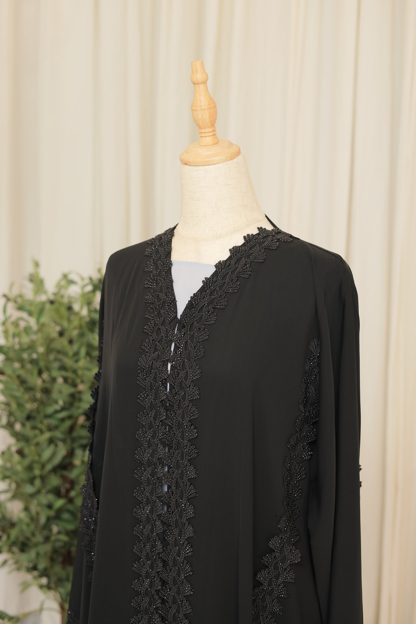 Luxury Black Open Abaya with Heavily Embroidered Lace Panels