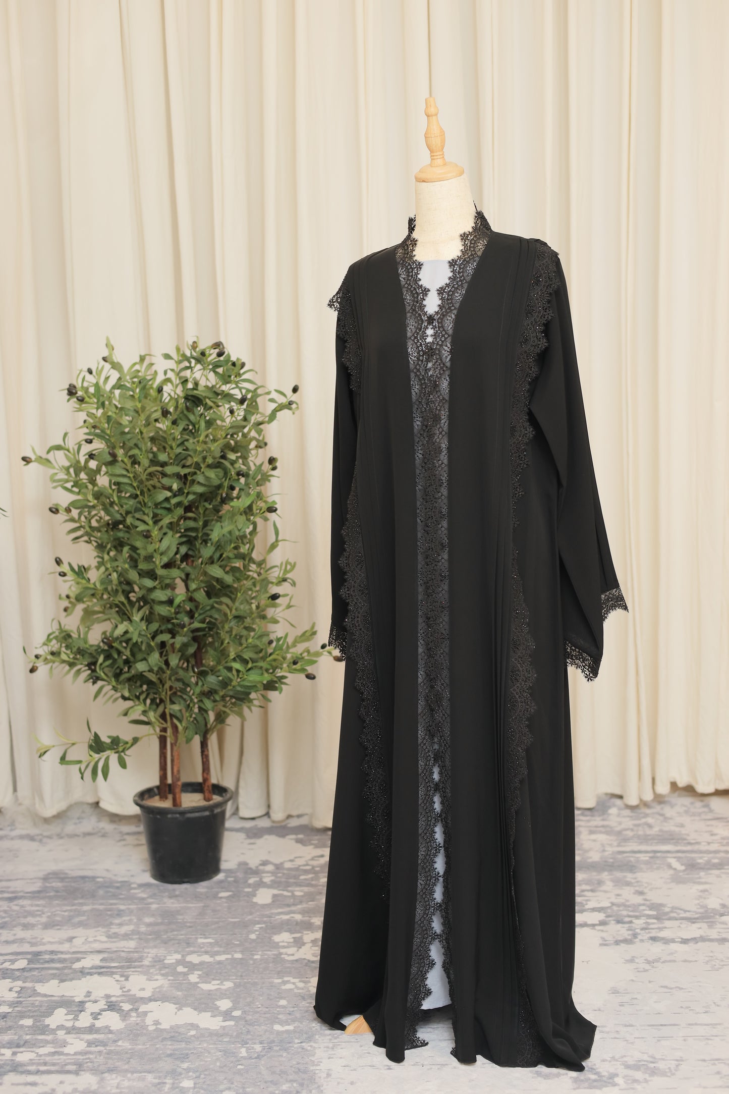 Luxury Black Open Abaya with Ornate Lace & Subtle Shimmer Detailing
