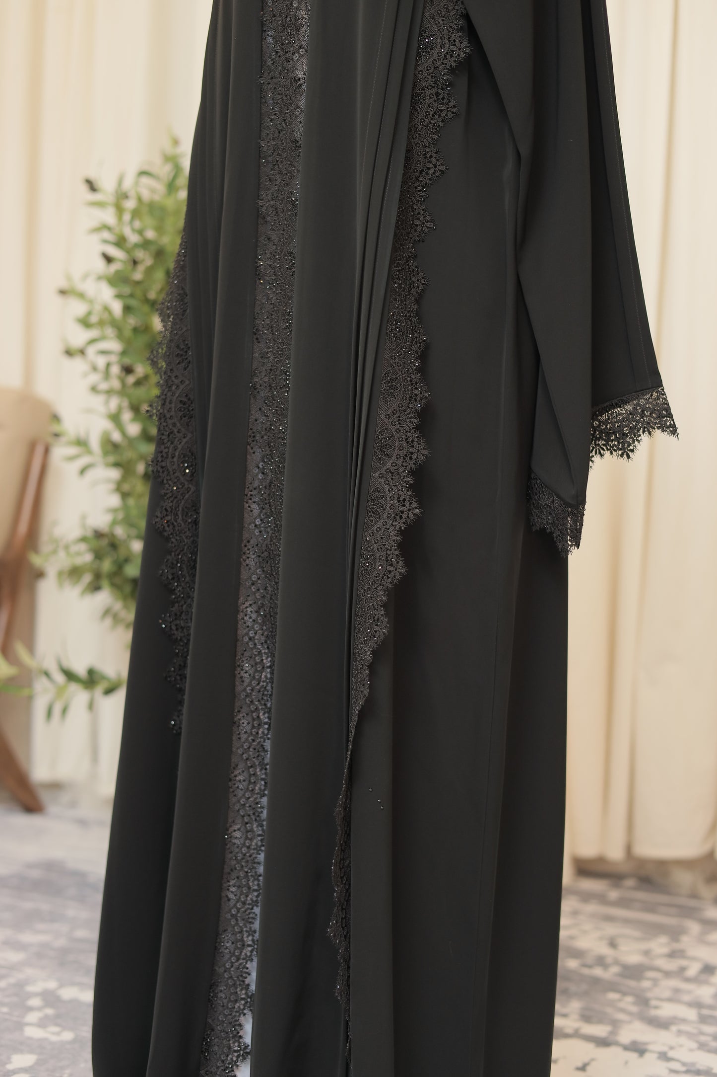 Luxury Black Open Abaya with Ornate Lace & Subtle Shimmer Detailing