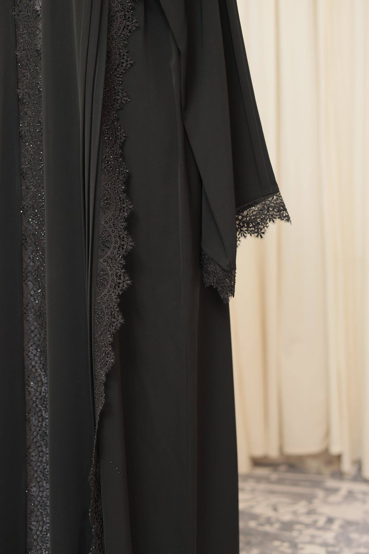 Luxury Black Open Abaya with Ornate Lace & Subtle Shimmer Detailing