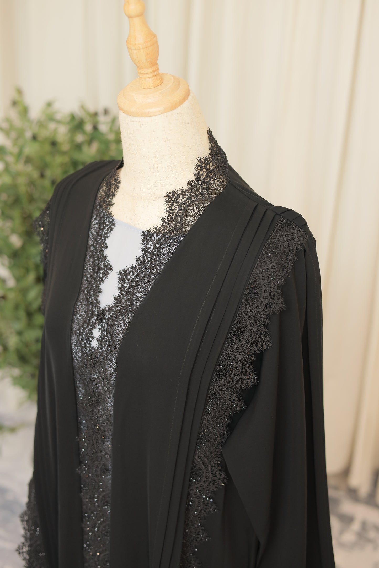 Luxury Black Open Abaya with Ornate Lace & Subtle Shimmer Detailing