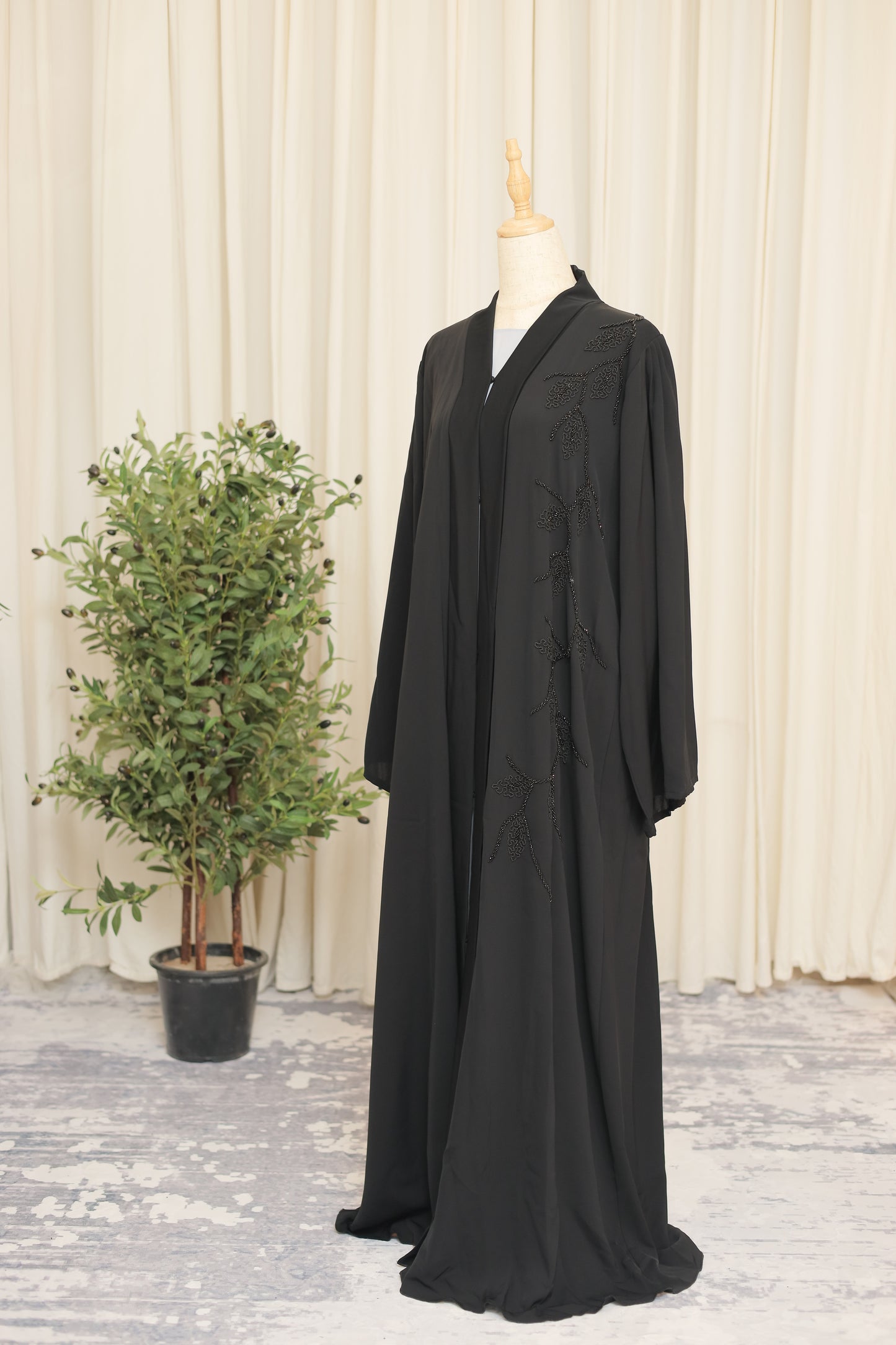Luxury Black Open Abaya with Hand-Beaded Leaf Motif Detailing