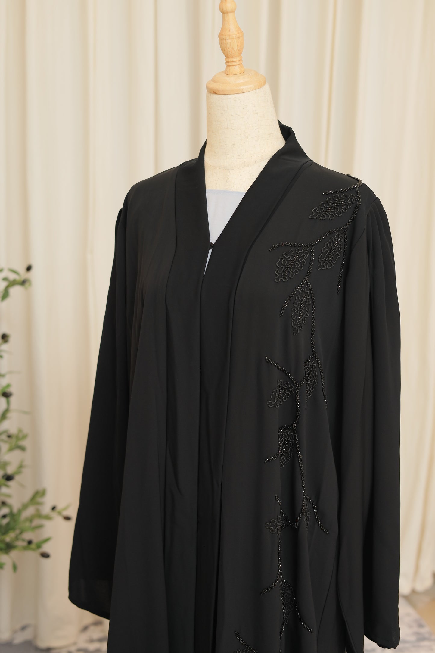 Luxury Black Open Abaya with Hand-Beaded Leaf Motif Detailing