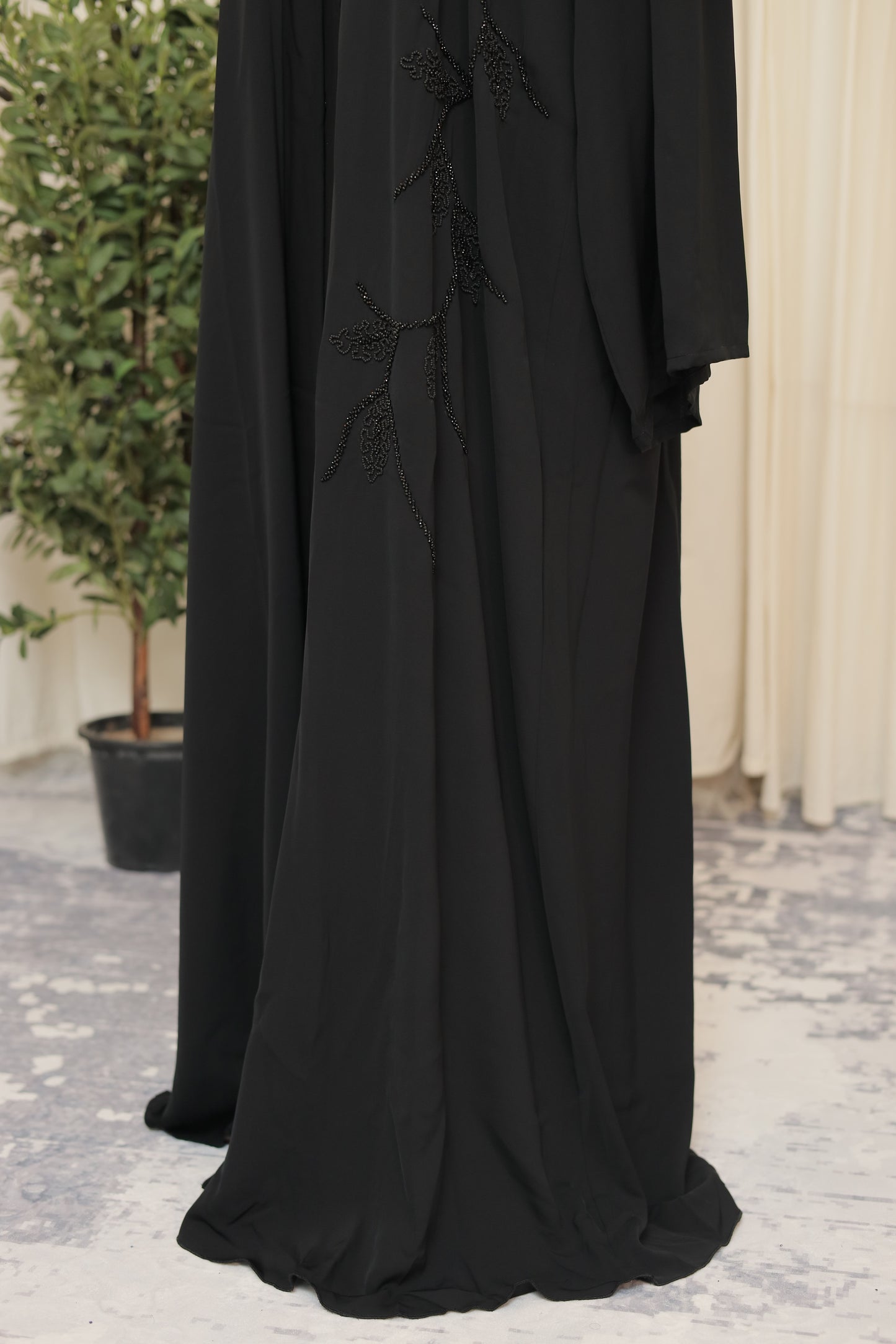 Luxury Black Open Abaya with Hand-Beaded Leaf Motif Detailing