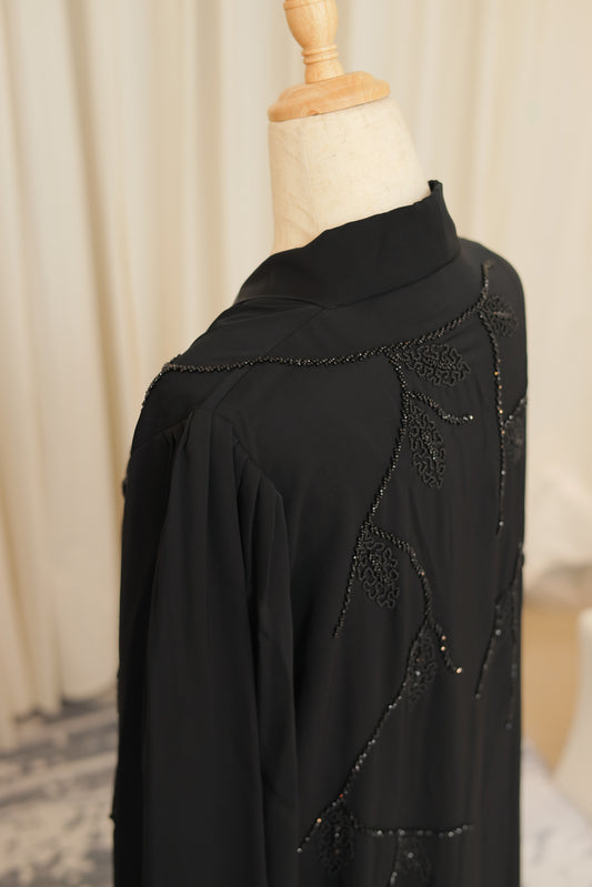 Luxury Black Open Abaya with Hand-Beaded Leaf Motif Detailing