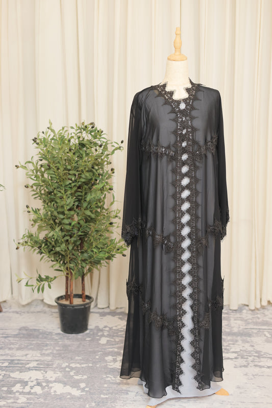 Luxury Black Sheer Abaya with Ornate Lace Detailing