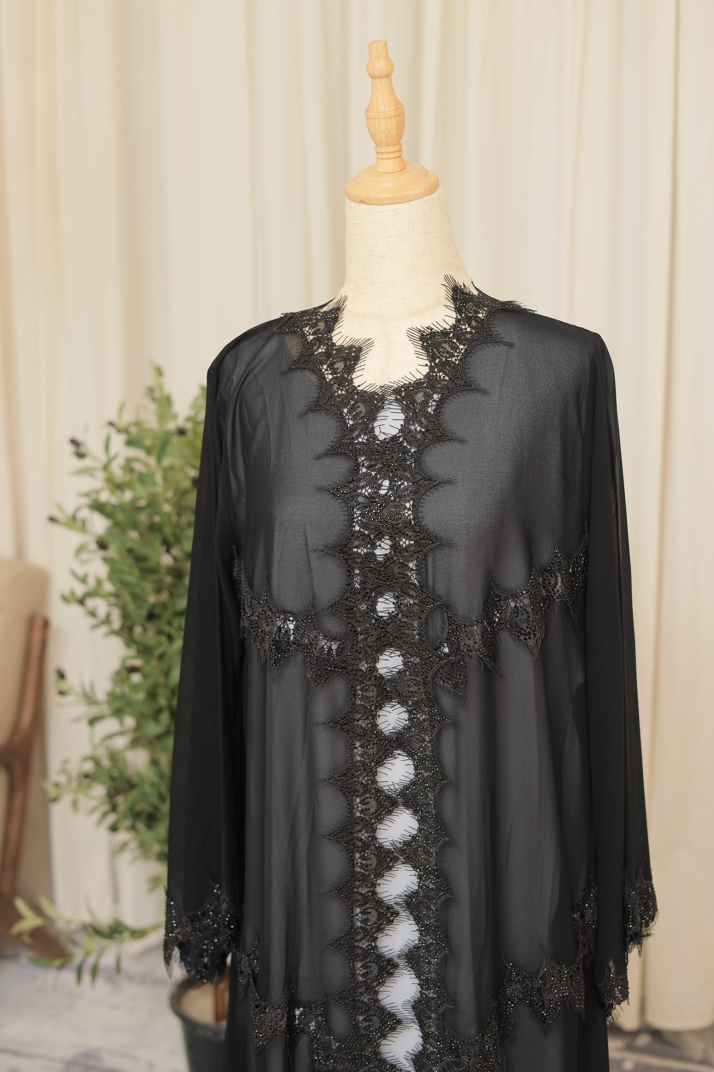 Luxury Black Sheer Abaya with Ornate Lace Detailing
