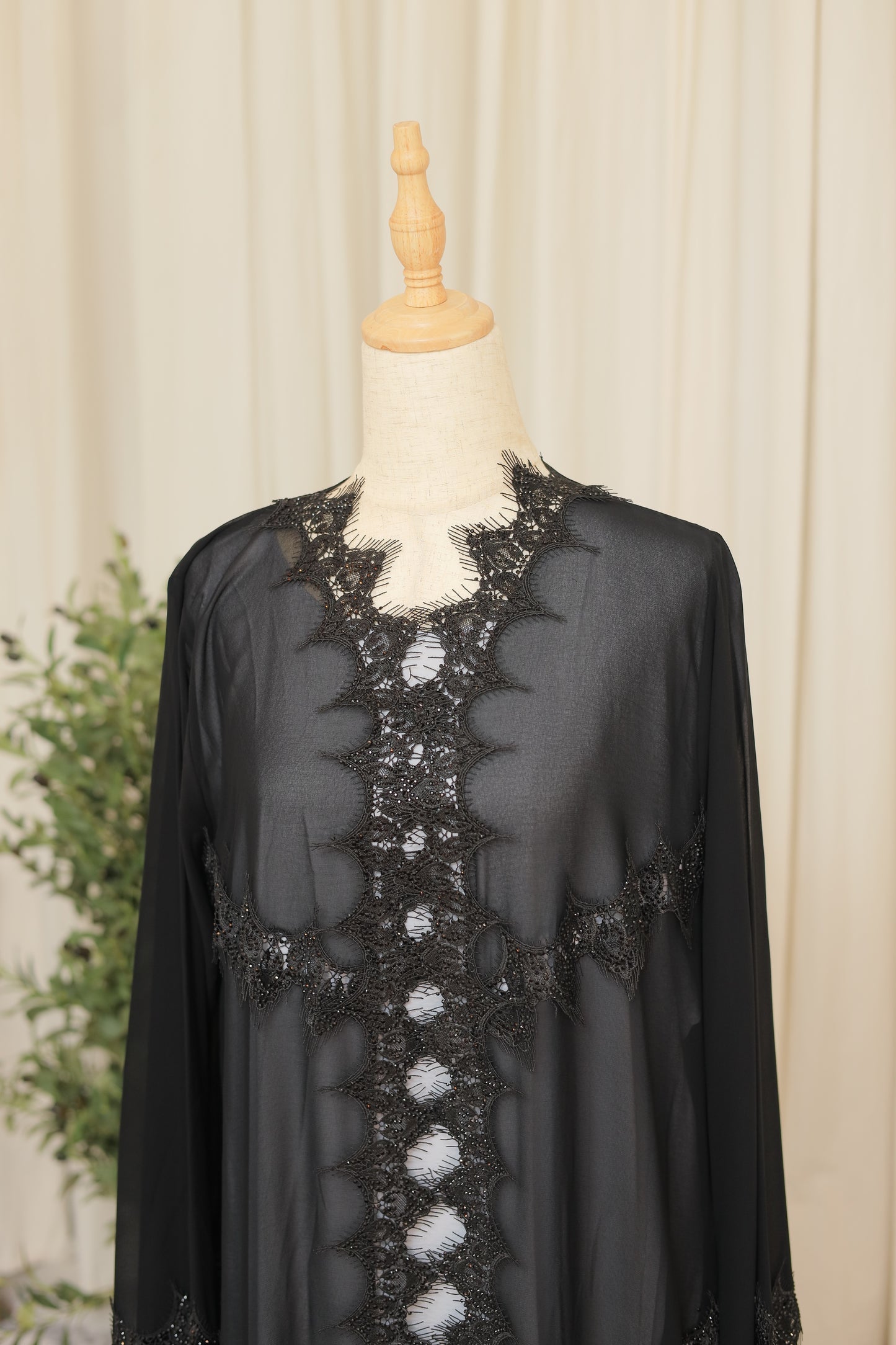 Luxury Black Sheer Abaya with Ornate Lace Detailing