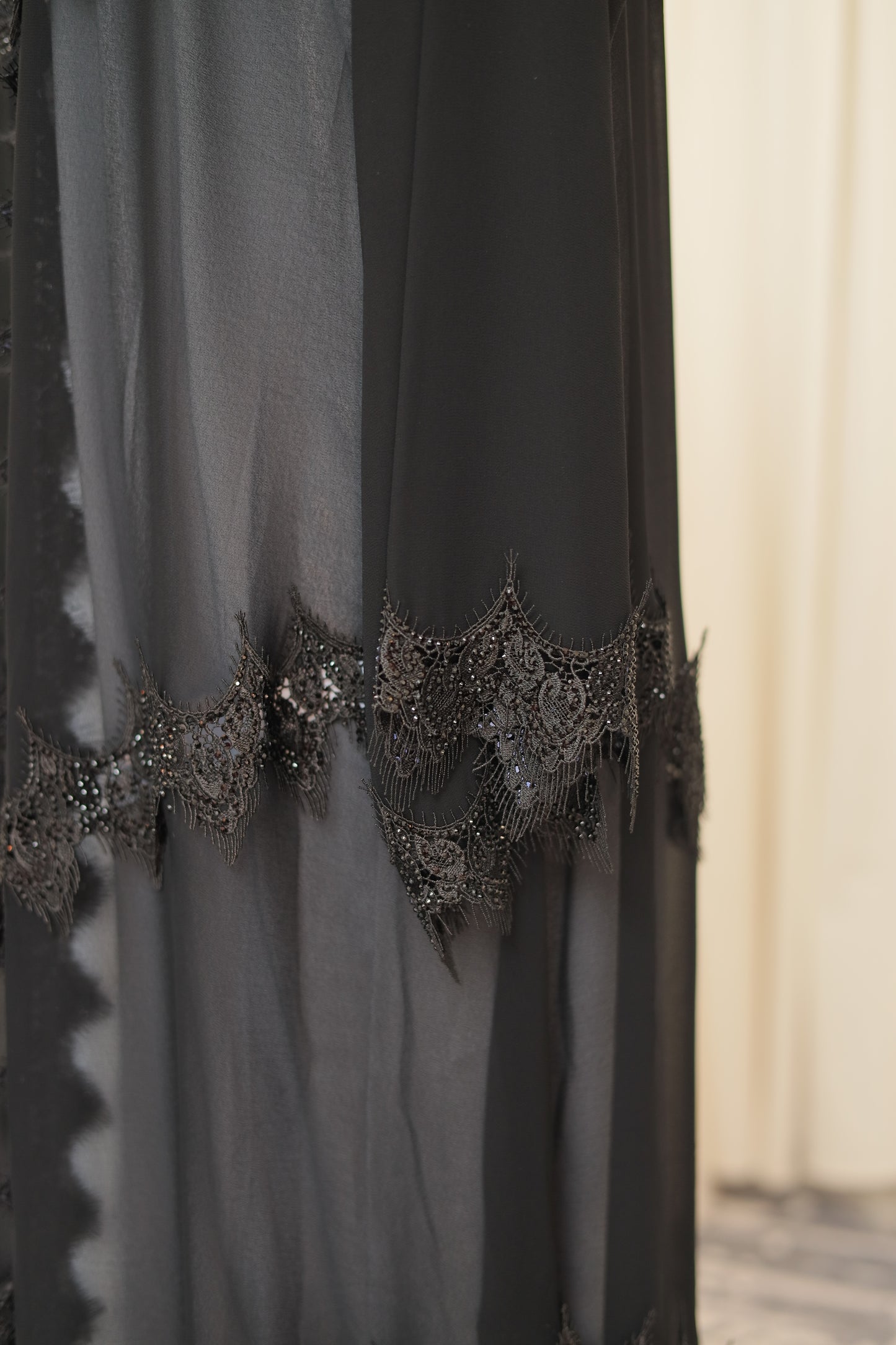 Luxury Black Sheer Abaya with Ornate Lace Detailing