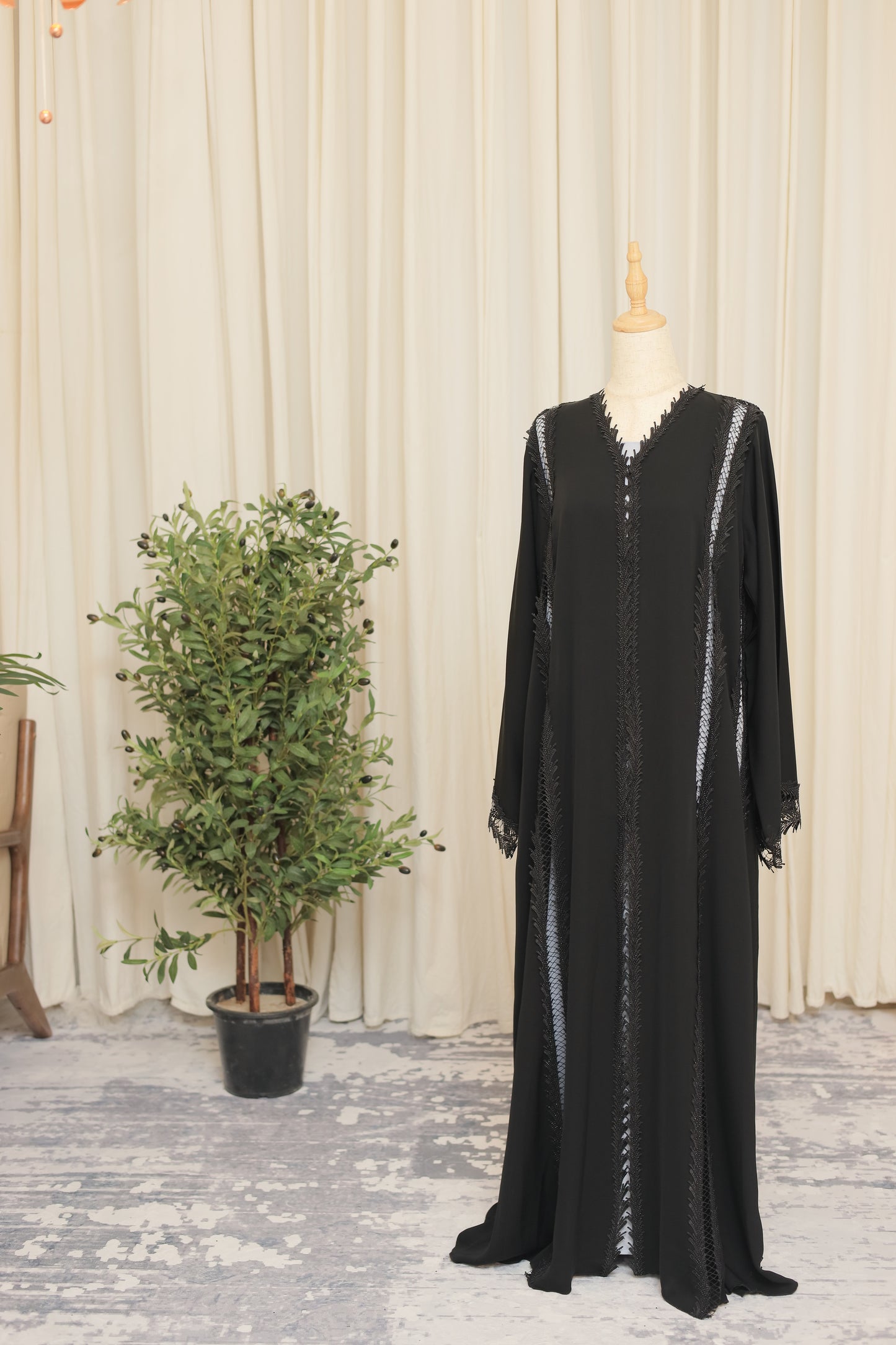 Luxury Black Abaya with Textured Vertical Detailing