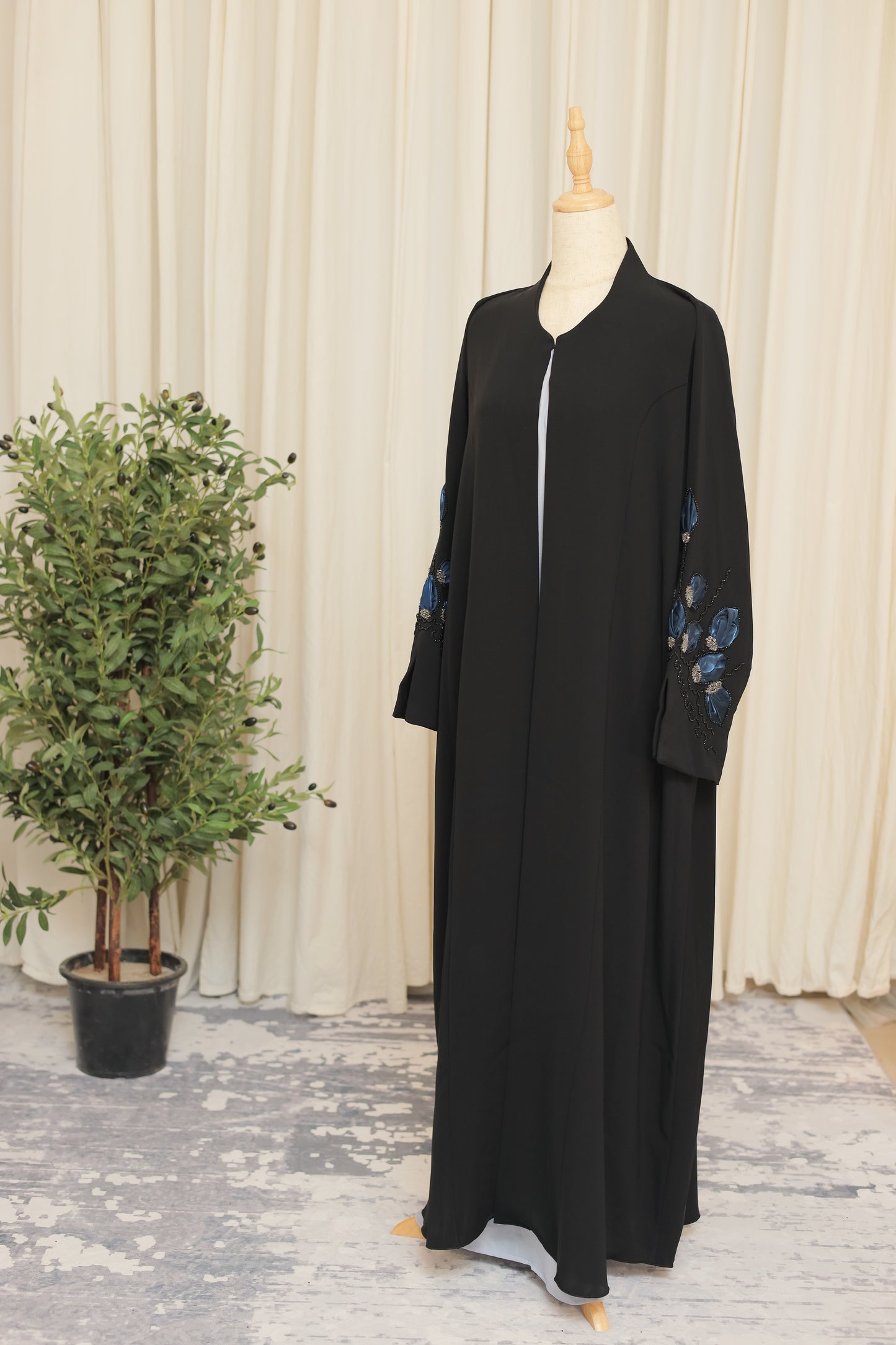 Luxury Black Open Abaya with Blue Floral Embroidered Sleeves