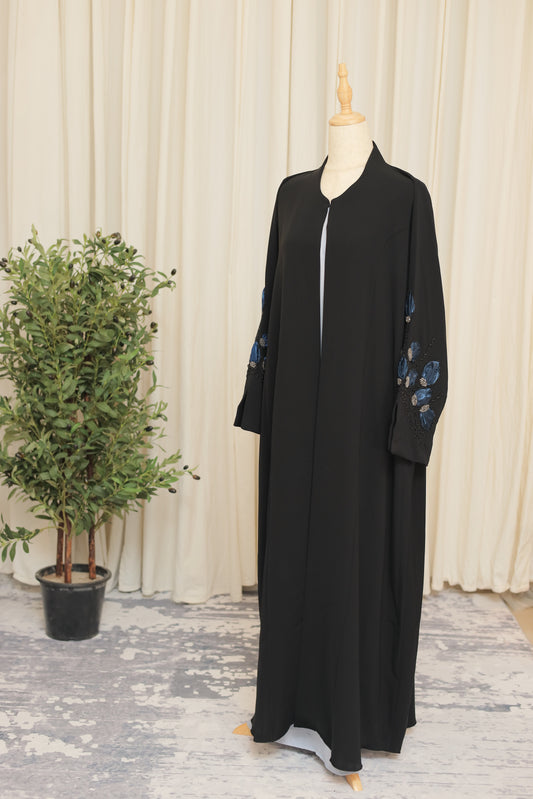 Luxury Black Open Abaya with Blue Floral Embroidered Sleeves