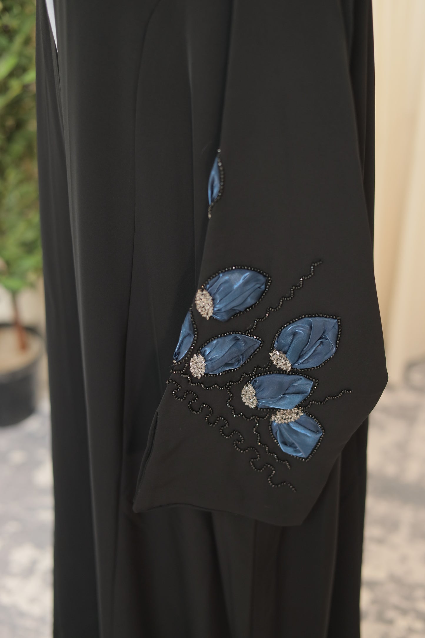 Luxury Black Open Abaya with Blue Floral Embroidered Sleeves