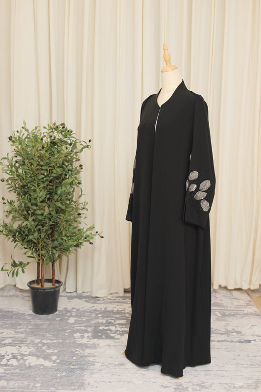 Luxury Black Open Abaya with Embroidered Leaf Sleeve Detail