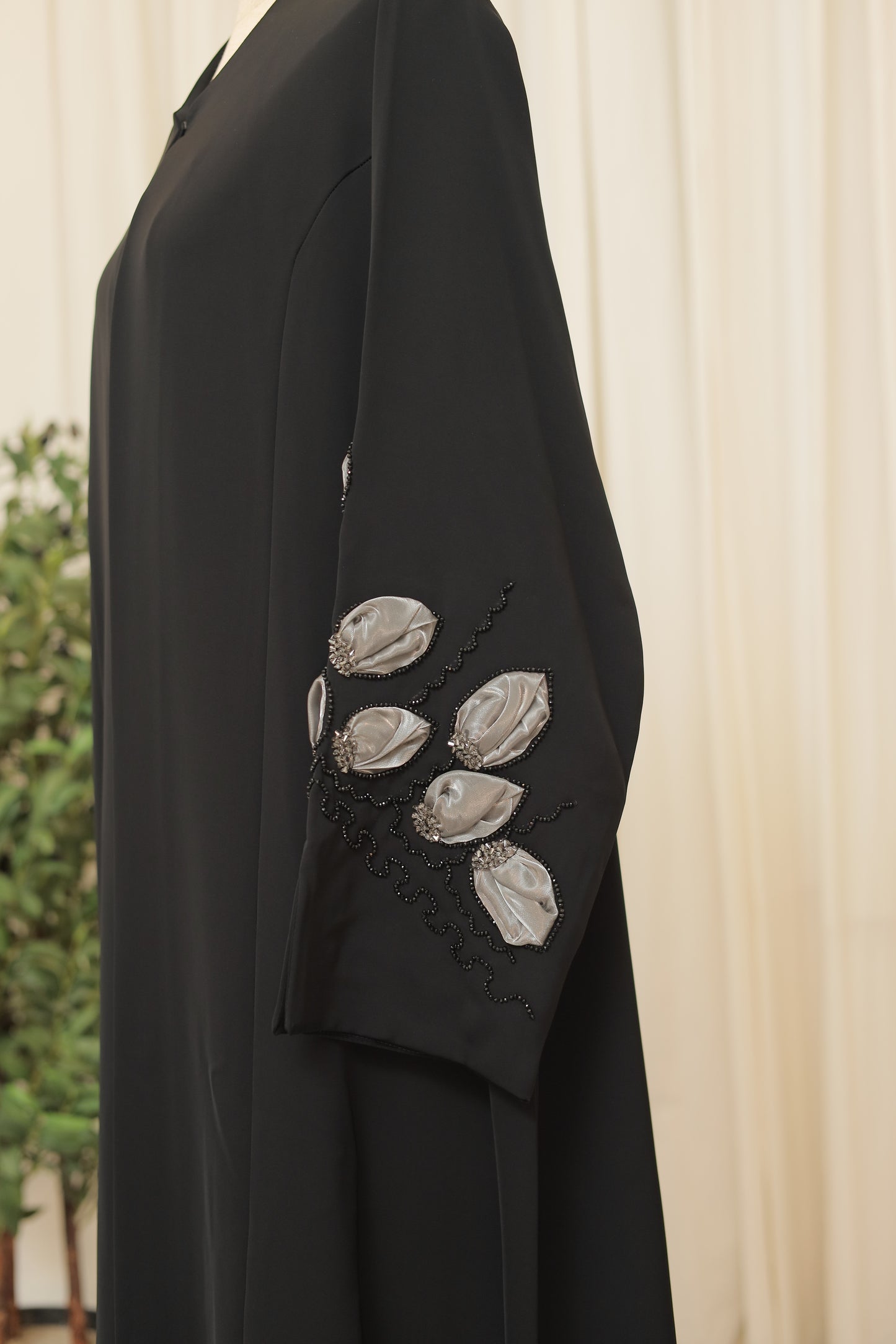 Luxury Black Open Abaya with Embroidered Leaf Sleeve Detail