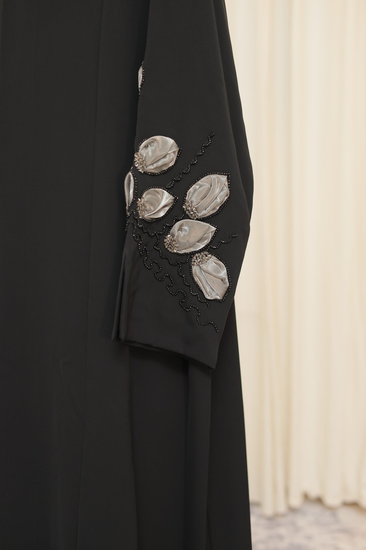 Luxury Black Open Abaya with Embroidered Leaf Sleeve Detail