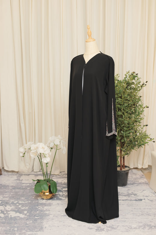 Classic Black Open Abaya with Crystal Cuff Detail
