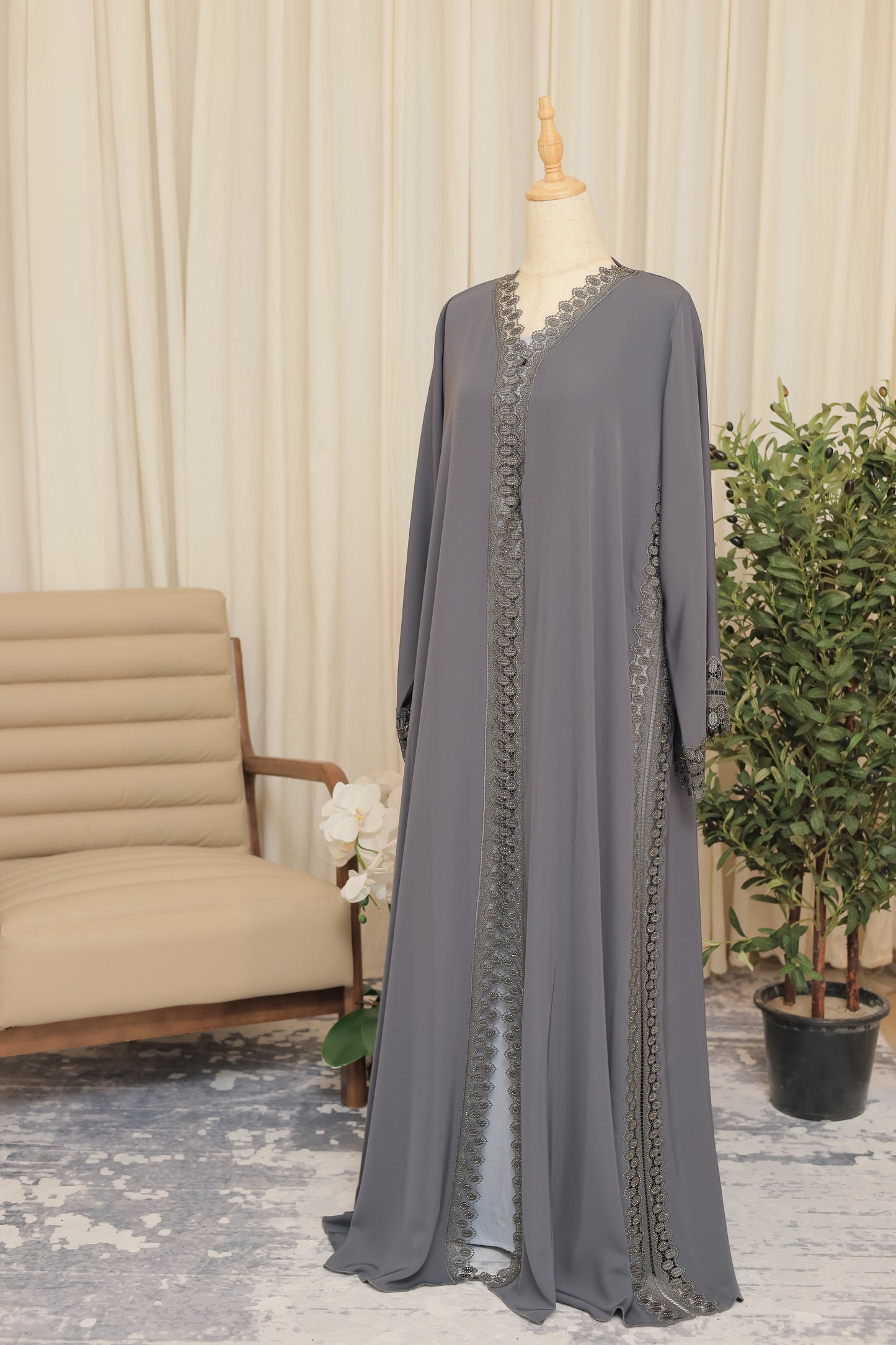 Luxury Grey Open Abaya with Intricate Lace Panel Detailing